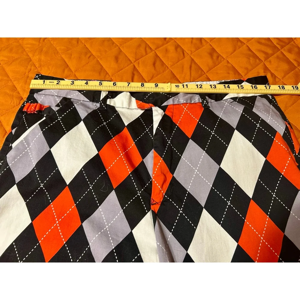 Men's Royal & Awesome Flat Front Golf Chino Shorts Size 36 Black Orange Argyle